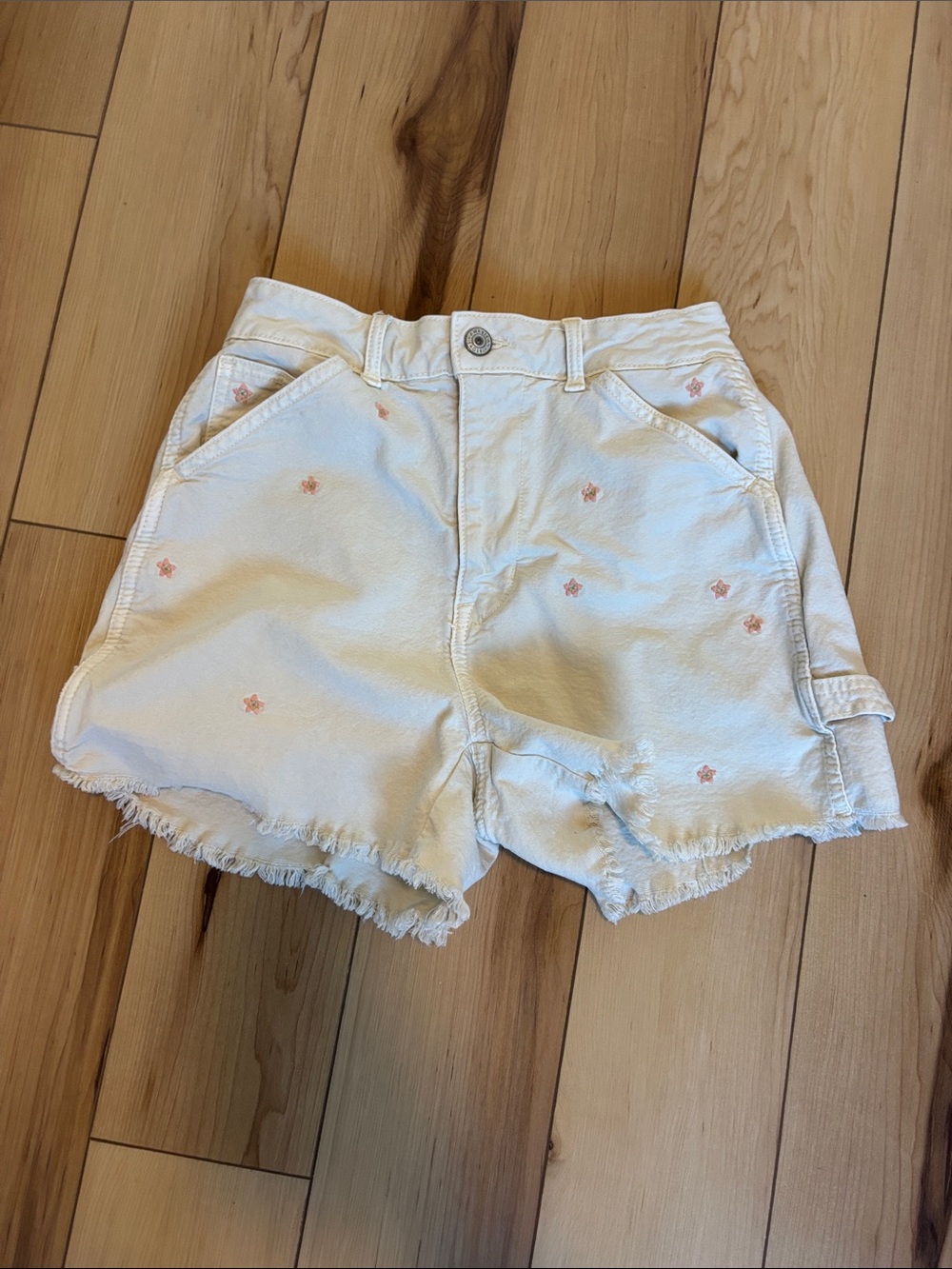 American Eagle Outfitters White Denim Shorts with Pink Floral Embroidery